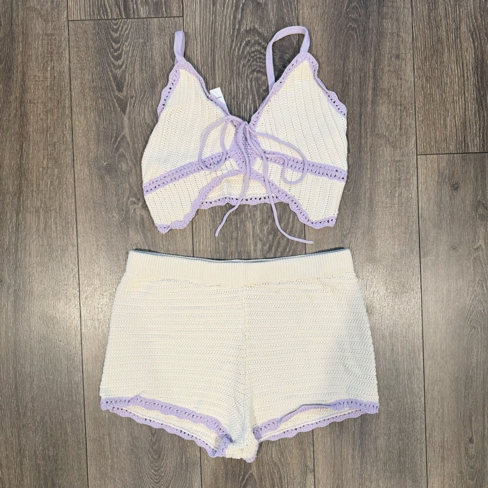 PINK CROCHET BUTTERFLY TOP AND SHORTS SET